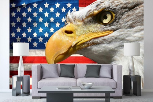 Vlies Fototapete - Eagle-Porträt mit US-Flagge 375 x 250 cm